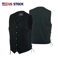 Highway Leather Black Motorcycle Denim Vest Biker Men Gun Pocket # HL21614