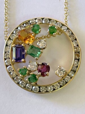 14kt Gelbgold 2,15 Karat Diamanten im Collier mit farbigen Geburtssteinen 