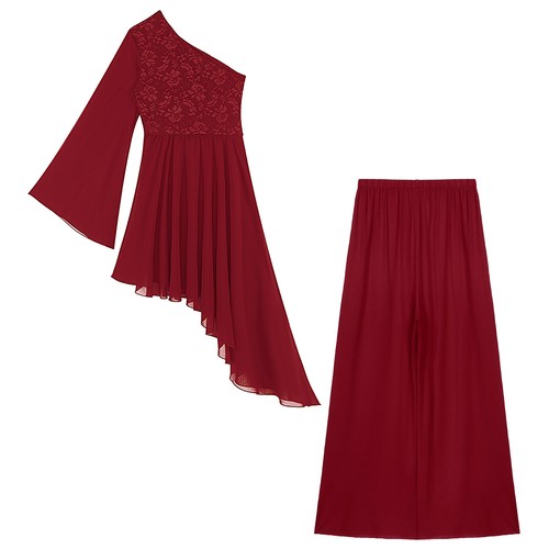 Women Set Worship Outfit One Shoulder Suit Tunic Costume 2 Piece Flared Sleeve - Bild 15 von 35