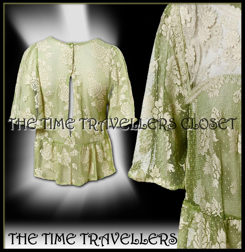 TOPSHOP BLUSA TOP TOPSHOP VERDE TRANSPARENTE BLANCO ENCAJE FLORAL RECORTADO OJO DE CERRADURA BOTÓN UK10 Foto 2 de 4