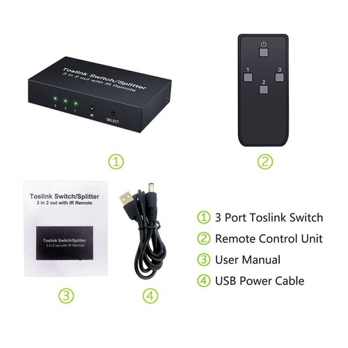 3 Port Toslink Switch Optical Digital Audio Splitter Adapter 3In2-Out Ir Remote - Bild 4 von 7