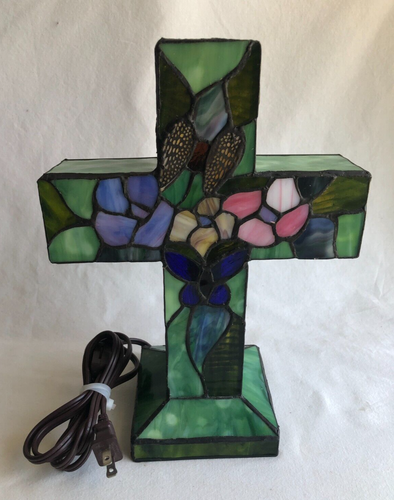 Stained Glass Lighted Cross Table Lamp Night Lamp Religious Floral
