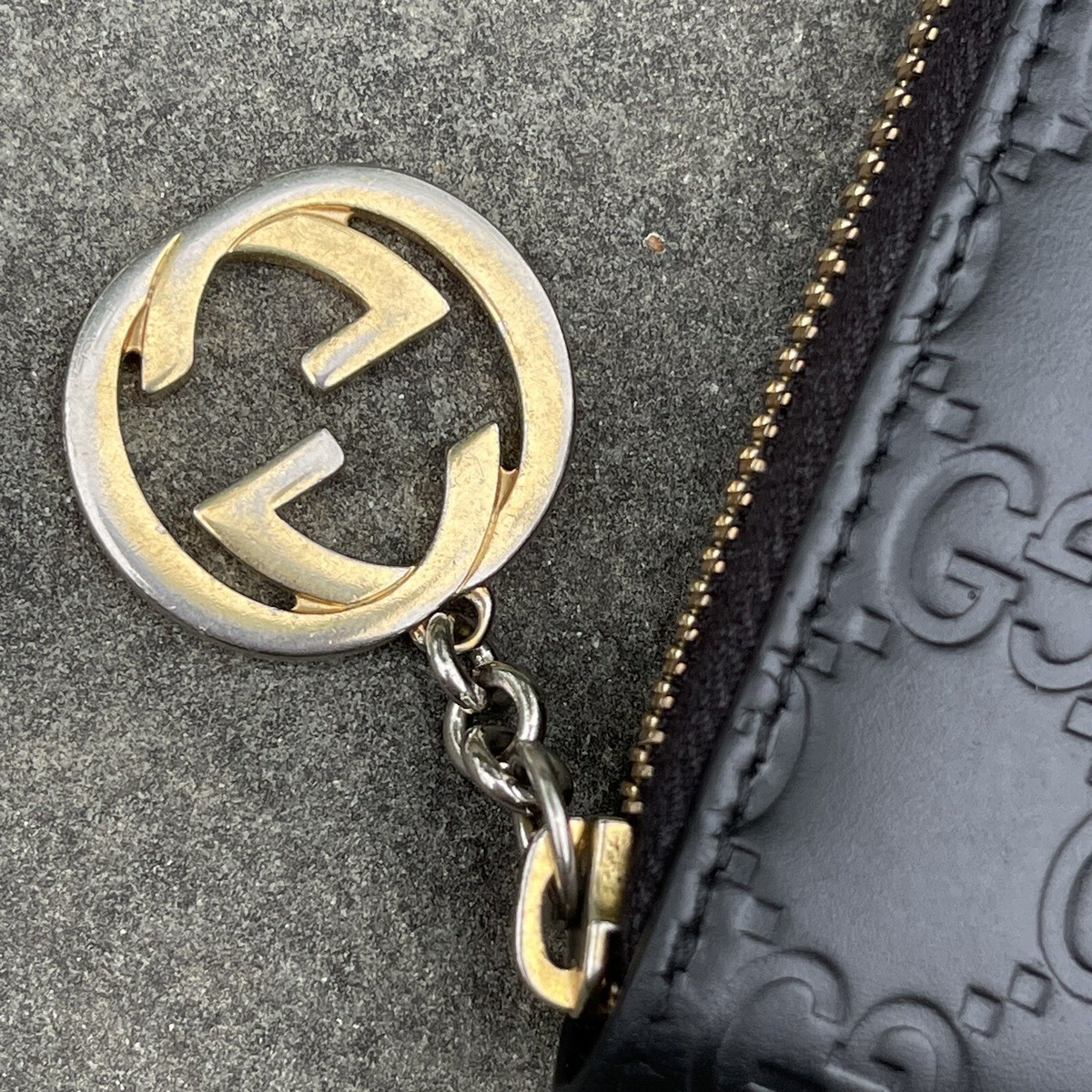 Gucci Black Monogram Leather Zip Wallet Interlocking GG