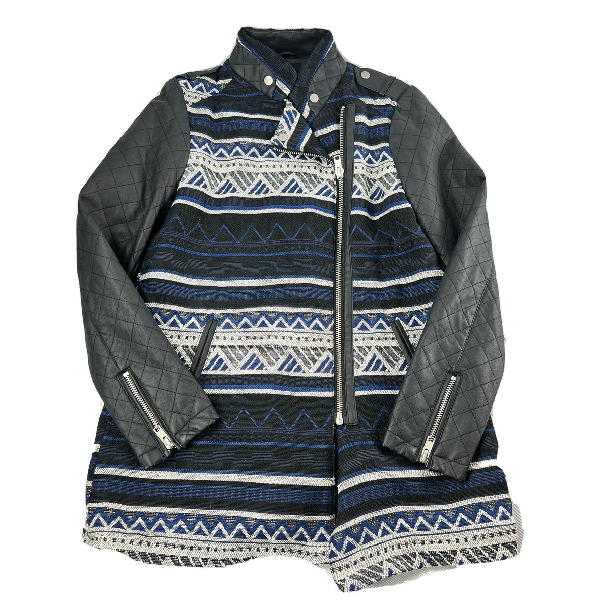 Forever21 Faux Leather Quilted Sleeve Blue White Zip Textile Jacket Women  Size L