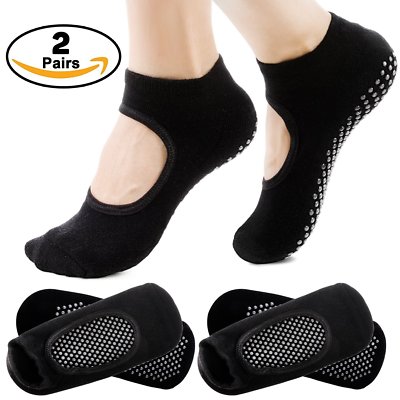 Zwei Paar schwarze Yoga Socken Baumwolle Barre Pilates Ballett Größe 5-10 rutschfester Griff