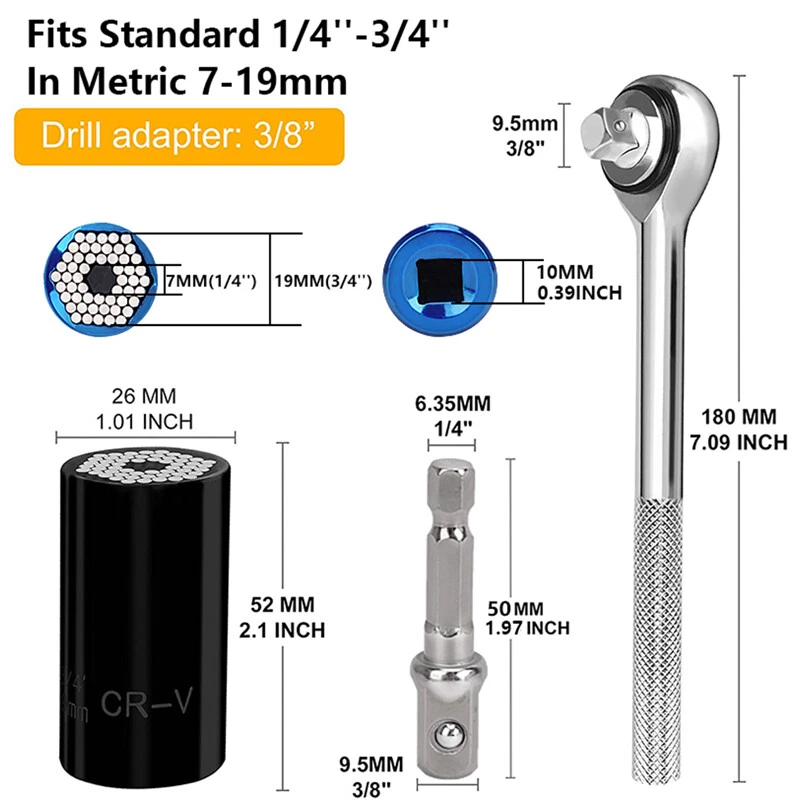 Universal Socket Wrench 1/4"-3/4" Multi Tool Magic Grip w/ Power Drill Adapter - Image 2 of 4