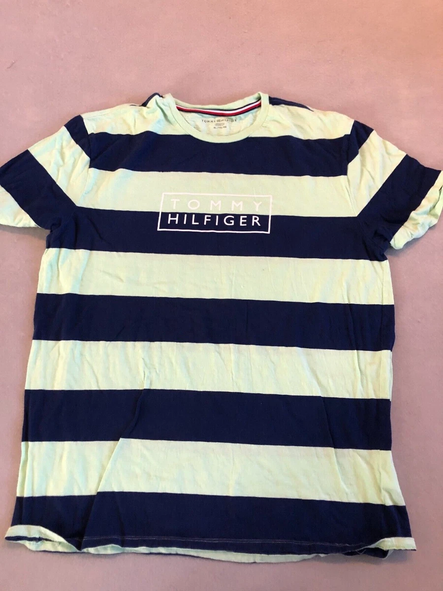 Tommy Hilfiger Shirt Men s Extra Large Lime Green Navy Blue Stripe Chest Logo