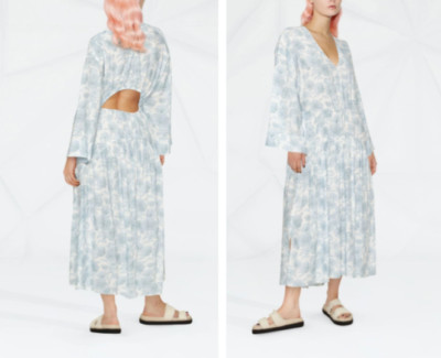   VINCE Sky Baby Blue White Dahlia Floral Print V-neck Open Back Dress M = 8/10