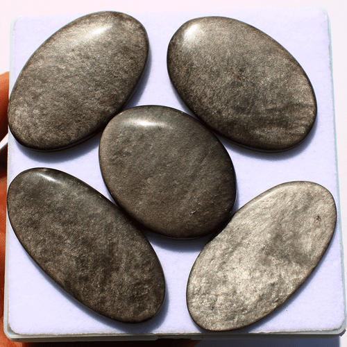 5 Pcs Natural Silver Sheen Obsidian Top Quality 39-50mm Oval Cabochon Gemstones - Picture 5 of 12