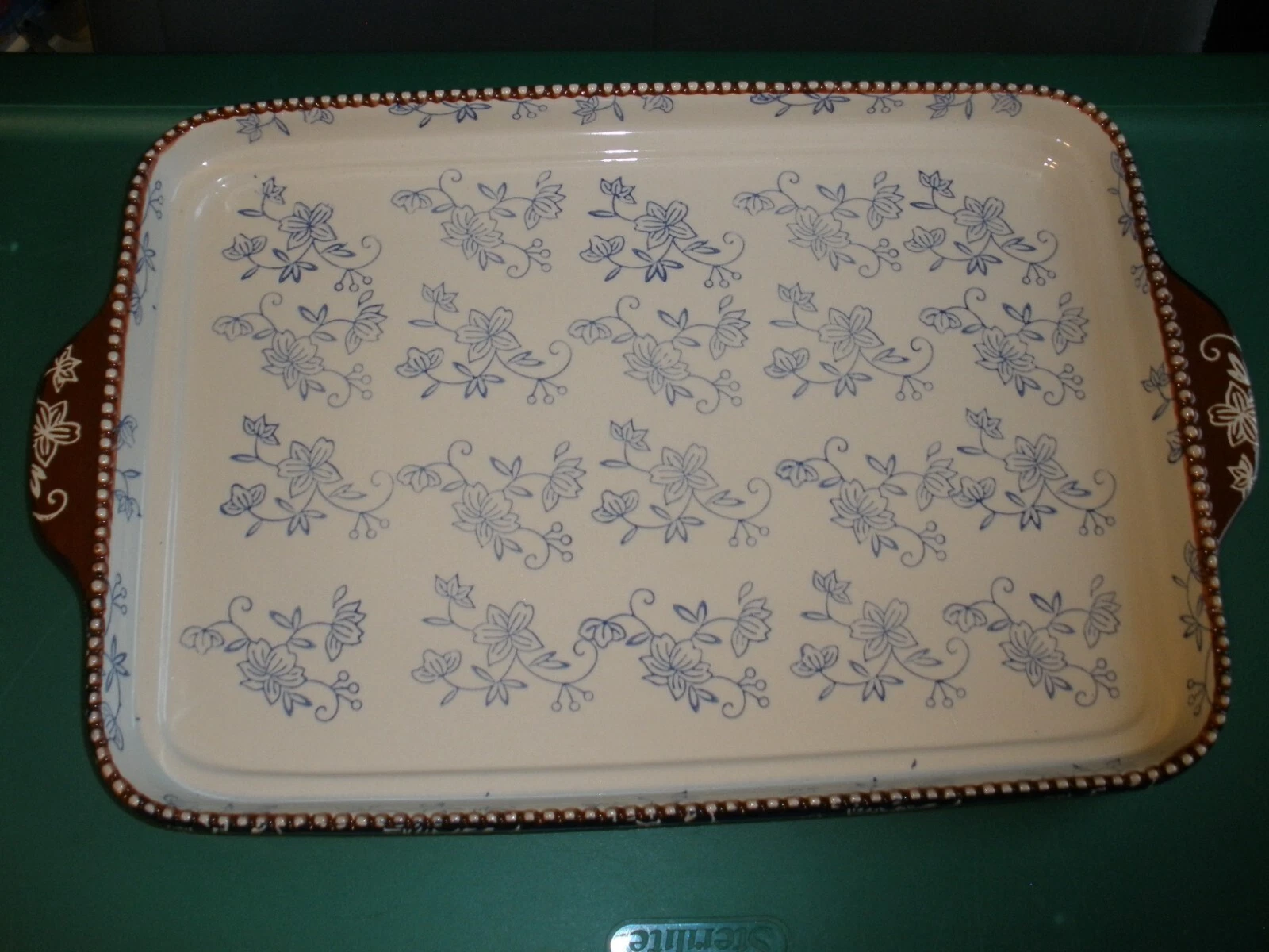 Temptations By Tara Blue Floral Lace 14x9x1 Shallow Baking Pan Sheet Tray (6)