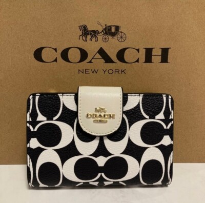 COACH Black White Signature Logo Bi-fold Wallet Rare New