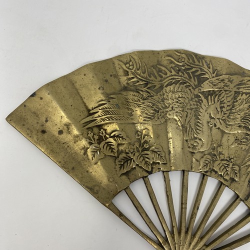Vintage Solid Brass Asian Wall Fan Hanging Decor, Peacock, Phoenix, Handcrafted - Picture 2 of 8