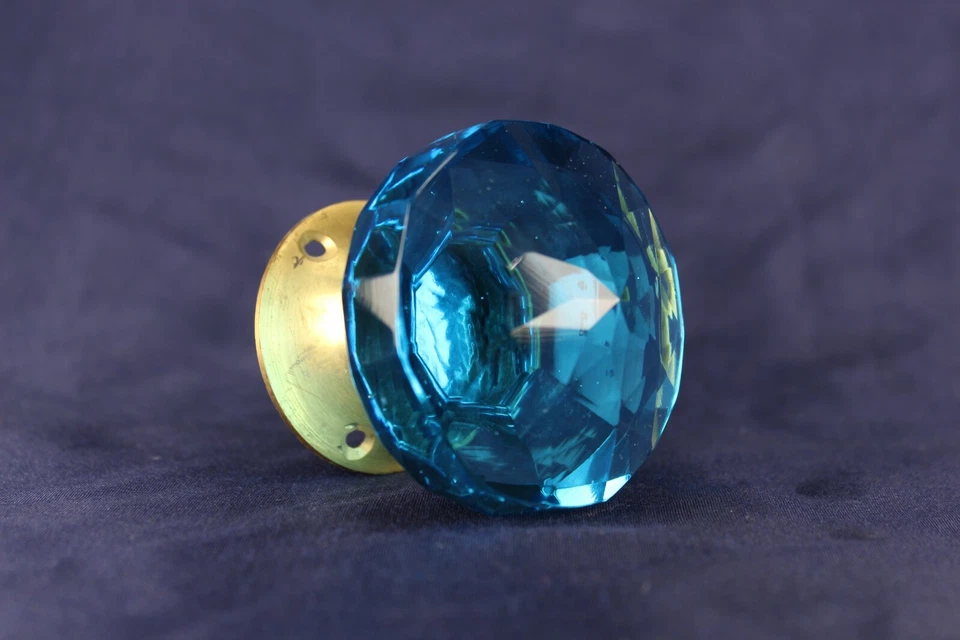 Perilla de puerta de vidrio cortado estilo vintage victoriano vidrio azul transparente manija de puerta de latón Foto 4 de 4