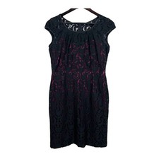 Tahari Elegant Black Lace Overlay Sheath Dress with Pink Lining Size 8P