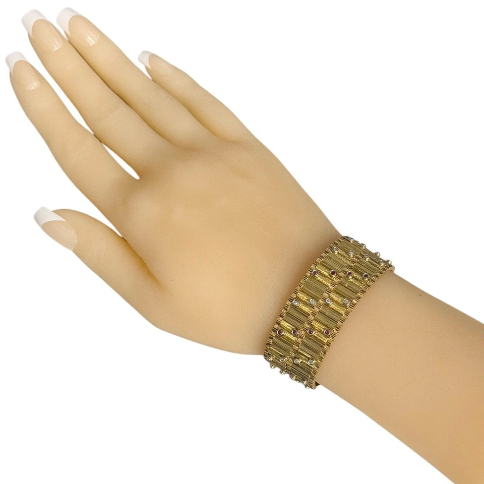 18k Yellow Gold Diamond & Red St Bark Finish Hidden Clasp Bracelet 6.75" 79g - Image 2 of 4