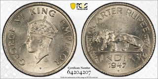 1947 B British India 1/4 Rupee PCGS MS64