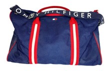 VTG Tommy Hilfiger Duffle Bag Spellout Strap Blue Red Y2K Gym Travel Weekender