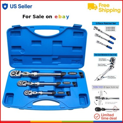 Extendable Ratchet Set 3Pcs Steel 1/4 3/8 1/2 Drive Flex Head Locking Tools