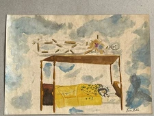 Frida Kahlo drawing and painting on old paper signed stamped vintage