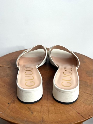 GUCCI Malaga Kid Zumi Ivory White Mixed Metal Logo Mini Heel Slide Sandal 38.5 - Picture 4 of 7