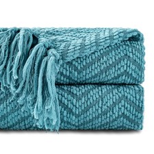 50x60 Inch Teal Throw Blanket Knit Woven Turquoise Decorative with Tassels