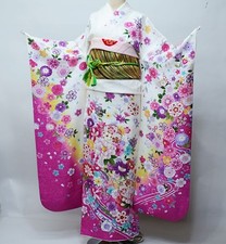 Pure Silk Long-Sleeve Kimono Floral Pattern Japanese Traditional Wear