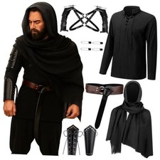5 Pcs Mens Renaissance Costume Set Medieval Pirate Shirt Viking Shawl X-Large