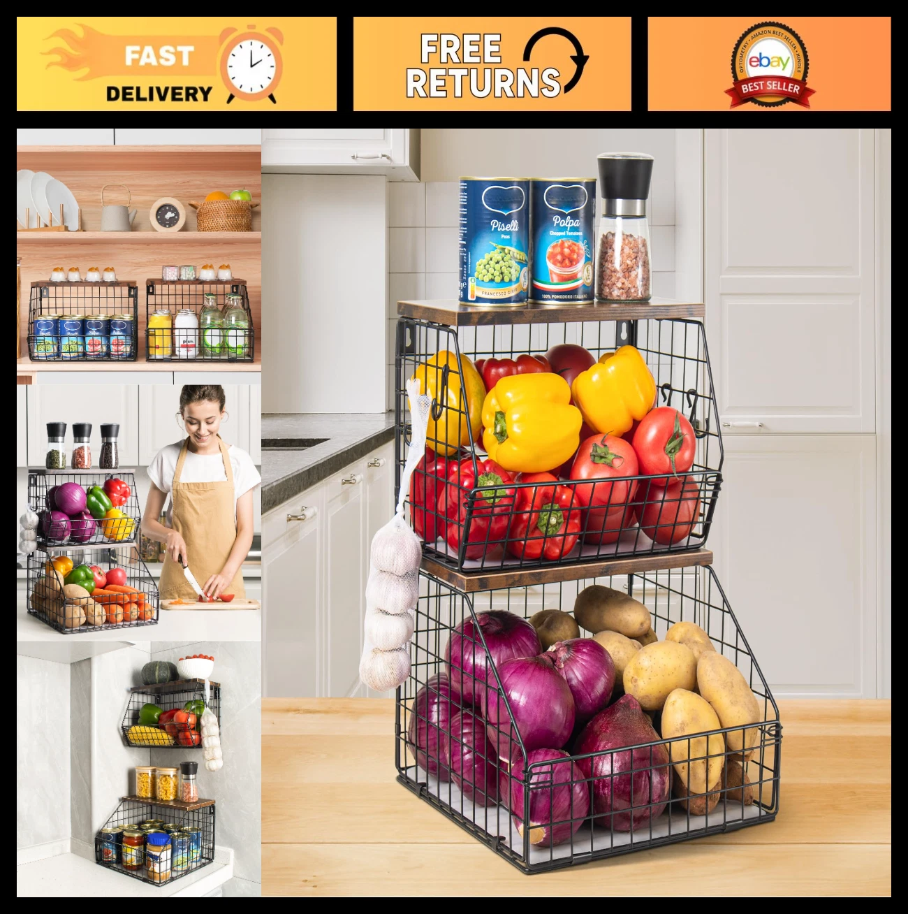 Stackable Wall Mounted Fruit Baskets - 2-Tier Kitchen Organizer with Wood Lid