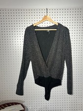 Paige Silver / Black Metallic - Julienne V-Neck Long Sleeve Bodysuit Size S