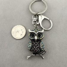 Owl On Branch Multi Color Rhinestone Silver Tone Charm Keychain Key Ring 62687