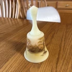 Vintage Fenton Uranium Custard Glass Bell Log Cabin Hand Painted Signed  ~ Glows