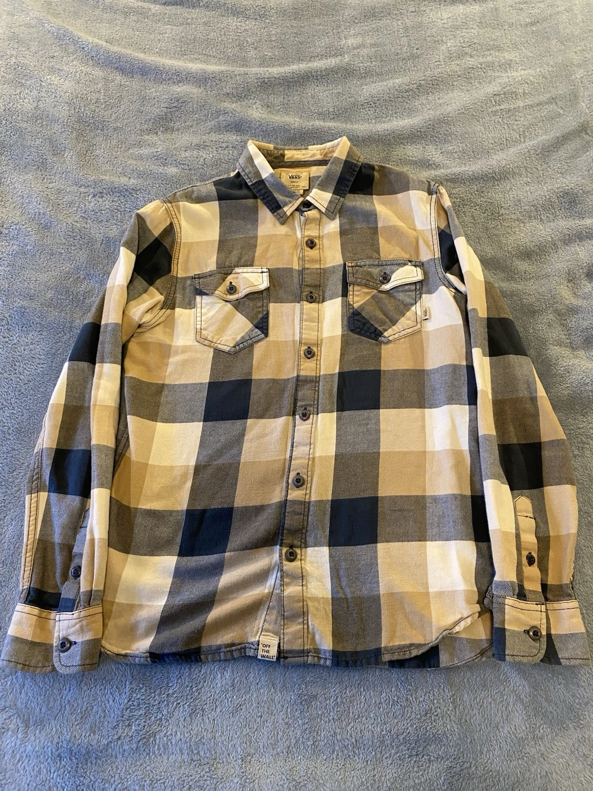 Vans Men’s Small Flannel Long Sleeve Shirt Button Up Blue Brown Checkered Plaid