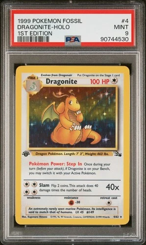 PSA 9 MINT Pokemon Dragonite Holo 4/62 WotC 1st Edition Fossil Rare