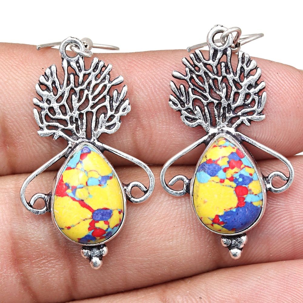 Rainbow Calsilica Gemstone Silver Earrings for Women 1.5 Inch Gift