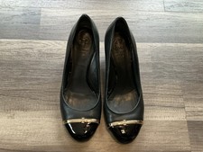 Tory Burch Pacey Wedge Heels Black Leather Patent Cap Toe 8M Luxury Elegant