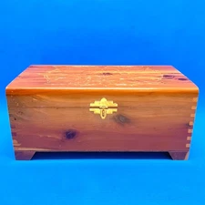 VTG Cedar Wood Jewelry Box w Mirror Pressed Carved Floral Hinged Lid, Metal Hasp