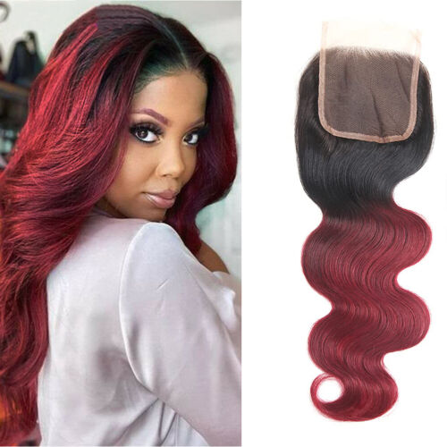 Body Wave 4x4 Lace Closure Ombre Black Burgundy 1B/99J Human Hair Free Part  - Picture 1 of 6