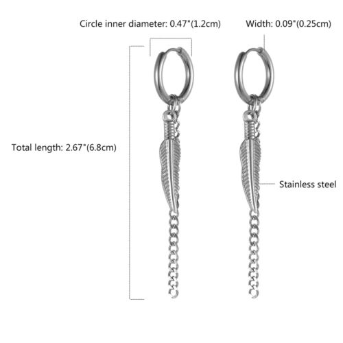 Men Women Stainless Steel Feather Pendant Charm Drop Dangle Earrings Hoop Tassel - Picture 4 of 16