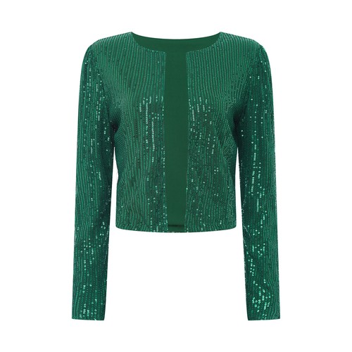 Womens Glitter Sequin Open Front Long Sleeve Cardigan Jacket Cropped Bomber - Picture 97 of 105