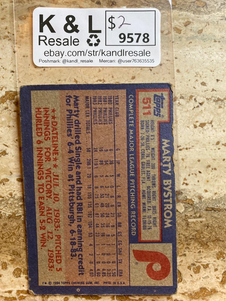 1984 Topps Marty Bystrom Philadelphia Phillies Baseball Card #511 Vintage Colle - Image 2 of 2