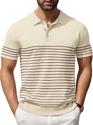 Men's Striped Knit Polo Shirt Lightweight Short Sleeve Casual Collared Golf Tee
