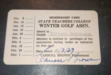 Vintage State Teachers College Winter Golf Assn Membership Card 1939
