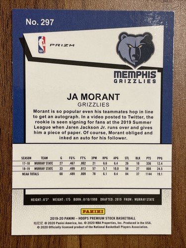 Ja Morant PURPLE DISCO PRIZM RC PREMIUM STOCK 2019-20 NBA HOOPS ROOKIE - Picture 2 of 2