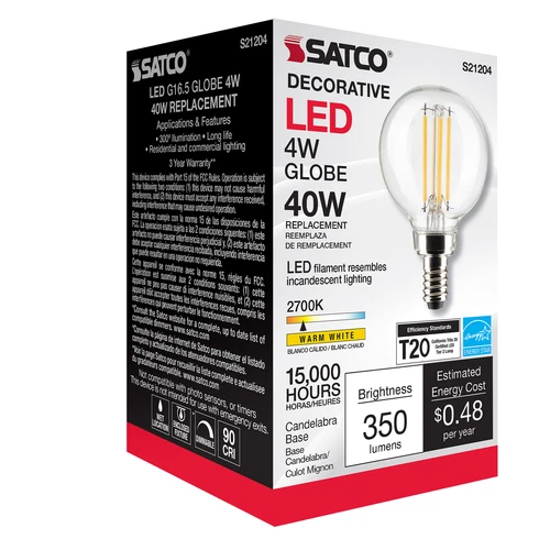 Satco S21204 LED Filament Bulb 120V 4W 40W G16.5 Candelabra E12 2700K Warm White - Picture 3 of 12