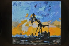 Oil painting Caspian Oil Rig  impressionism  45x40 centimeters
