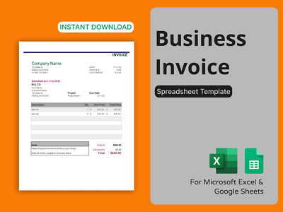 Business Invoice Template - Easy to Use Microsoft Excel & Google Sheets Template