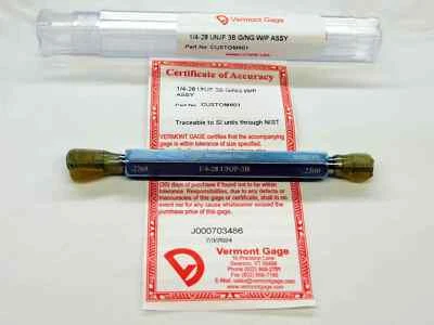 M & J TOOLING LLC NEW 1/4 28 UNJF 3B VERMONT THREAD PLUG GAGE .25 GO NO GO P.D.'S = .2268 & .2300