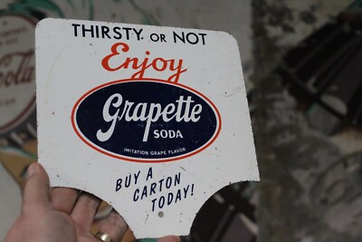 1950s ENJOY GRAPETTE 2 SIDED PAINTED METAL DISPLAY RACK PADDLE SIGN GRAPE SODA