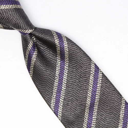 Josiah France Mens Silk Necktie Pewter Light Gray Purple Stripe Textured Weave