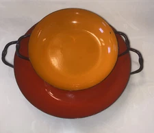 Vintage 2 HUTA SILESIA Red & Orange Enameled 10”Sauté and 8” Pan Made In Poland 